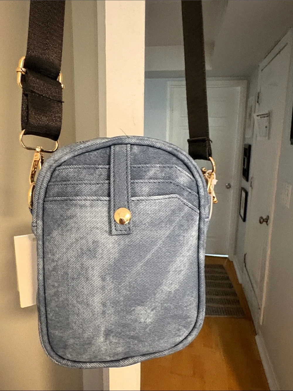 Vegan Denim Quilted Crossbody Bag in Light Blue. NWT.